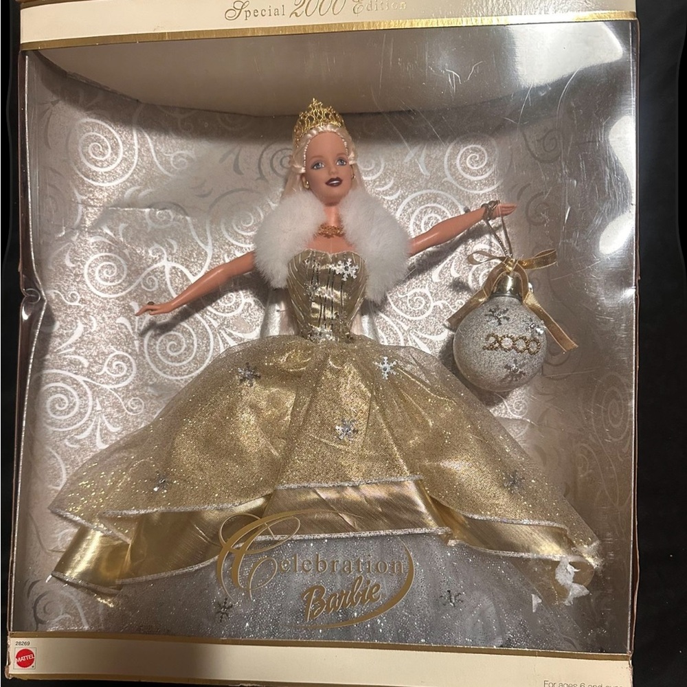 Barbie in Gold Gown with White Fur and Ornament